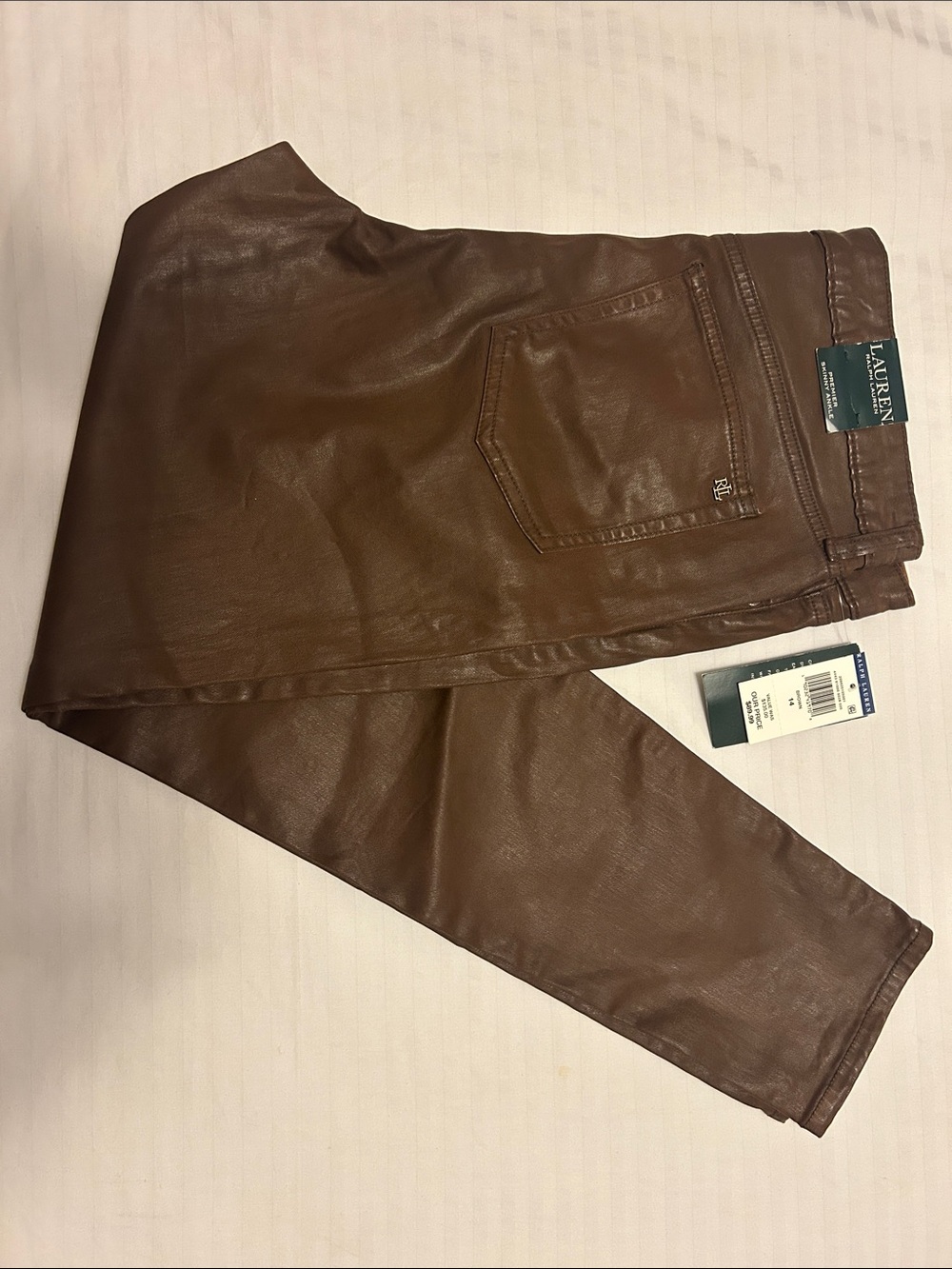 Lauren Ralph Lauren Premier Skinny Ankle Pants Size 14 Brown Coated Faux Leather